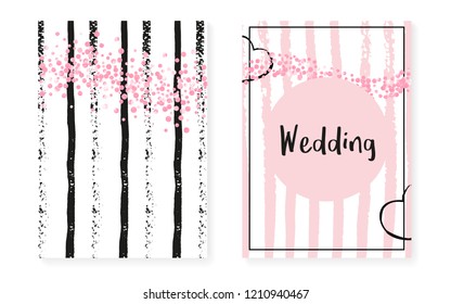 Bridal shower set with dots and sequins. Wedding invitation card with pink glitter confetti. Vertical stripes background. Stylish bridal shower set for party, event, save the date flyer.