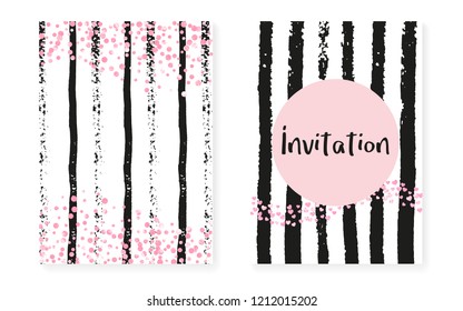 Bridal shower set with dots and sequins. Wedding invitation card with pink glitter confetti. Vertical stripes background. Stylish bridal shower set for party, event, save the date flyer.