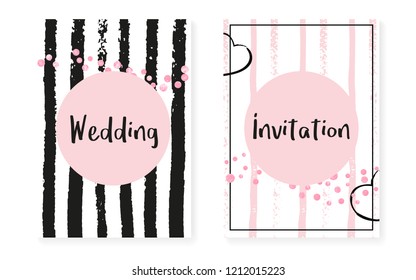 Bridal shower set with dots and sequins. Wedding invitation card with pink glitter confetti. Vertical stripes background. Stylish bridal shower set for party, event, save the date flyer.