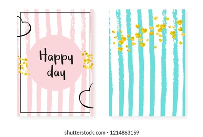 Bridal shower set with dots and sequins. Wedding invitation card with gold glitter confetti. Vertical stripes background. Fashion bridal shower set for party, event, save the date flyer.