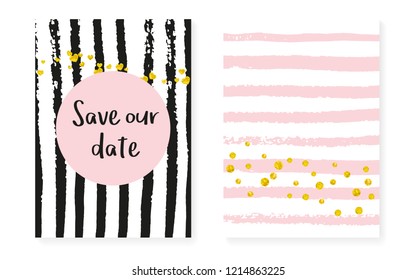 Bridal shower set with dots and sequins. Wedding invitation card with gold glitter confetti. Vertical stripes background. Trendy bridal shower set for party, event, save the date flyer.