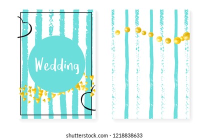 Bridal shower set with dots and sequins. Wedding invitation card with gold glitter confetti. Vertical mint stripes background. Vintage bridal shower set for party, event, save the date flyer