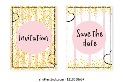 Bridal shower set with dots and sequins. Wedding invitation card with gold glitter confetti. Vertical stripes background. Vintage bridal shower set for party, event, save the date flyer.