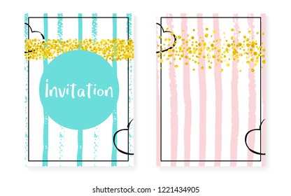 Bridal shower set with dots and sequins. Wedding invitation card with gold glitter confetti. Vertical stripes background. Vintage bridal shower set for party, event, save the date flyer.