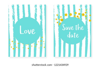 Bridal shower set with dots and sequins. Wedding invitation card with gold glitter confetti. Vertical turquoise stripes background. Vintage bridal shower set for party, event, save the date flyer