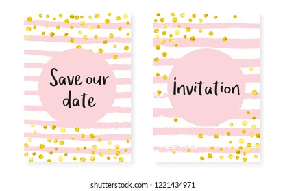 Bridal shower set with dots and sequins. Wedding invitation card with gold glitter confetti. Vertical stripes background. Hipster bridal shower set for party, event, save the date flyer.