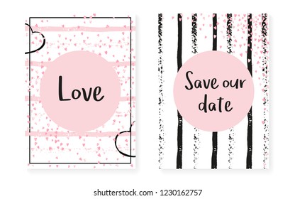 Bridal shower set with dots and sequins. Wedding invitation card with pink glitter confetti. Vertical stripes background. Retro bridal shower set for party, event, save the date flyer.