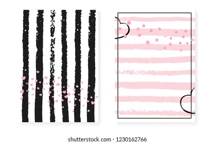 Bridal shower set with dots and sequins. Wedding invitation card with pink glitter confetti. Vertical stripes background. Fashion bridal shower set for party, event, save the date flyer.