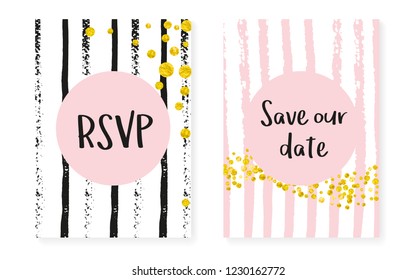Bridal shower set with dots and sequins. Wedding invitation card with gold glitter confetti. Vertical stripes background. Elegant bridal shower set for party, event, save the date flyer.