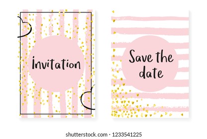 Bridal shower set with dots and sequins. Wedding invitation card with gold glitter confetti. Vertical stripes background. Hipster bridal shower set for party, event, save the date flyer.