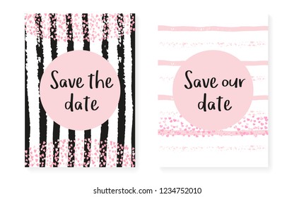 Bridal shower set with dots and sequins. Wedding invitation card with pink glitter confetti. Vertical stripes background. Vintage bridal shower set for party, event, save the date flyer.