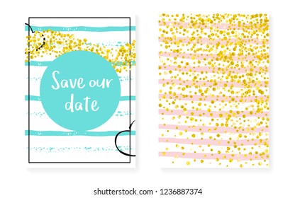 Bridal shower set with dots and sequins. Wedding invitation card with gold glitter confetti. Vertical stripes background. Tender bridal shower set for party, event, save the date flyer.
