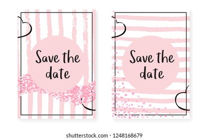 Bridal shower set with dots and sequins. Wedding invitation card with pink glitter confetti. Vertical stripes background. Tender bridal shower set for party, event, save the date flyer.