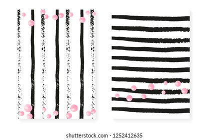 Bridal shower set with dots and sequins. Wedding invitation card with pink glitter confetti. Vertical stripes background. Retro bridal shower set for party, event, save the date flyer.
