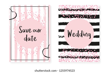 Bridal shower set with dots and sequins. Wedding invitation card with pink glitter confetti. Vertical stripes background. Stylish bridal shower set for party, event, save the date flyer.
