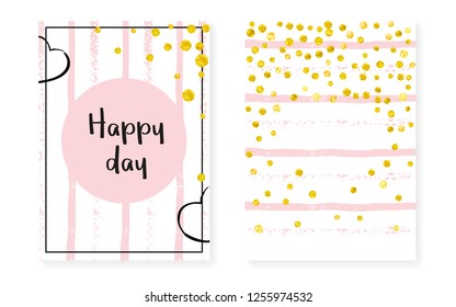 Bridal shower set with dots and sequins. Wedding invitation card with gold glitter confetti. Vertical stripes background. Stylish bridal shower set for party, event, save the date flyer.