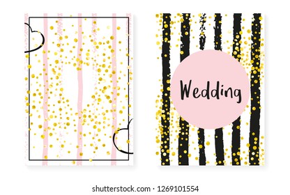 Bridal shower set with dots and sequins. Wedding invitation card with gold glitter confetti. Vertical stripes background. Trendy bridal shower set for party, event, save the date flyer.