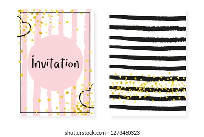 Bridal shower set with dots and sequins. Wedding invitation card with gold glitter confetti. Vertical stripes background. Fashion bridal shower set for party, event, save the date flyer.