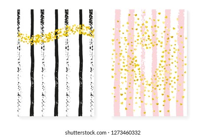 Bridal shower set with dots and sequins. Wedding invitation card with gold glitter confetti. Vertical stripes background. Luxury bridal shower set for party, event, save the date flyer.