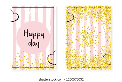 Bridal shower set with dots and sequins. Wedding invitation card with gold glitter confetti. Vertical stripes background. Fashion bridal shower set for party, event, save the date flyer.