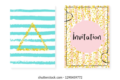 Bridal shower set with dots and sequins. Wedding invitation card with gold glitter confetti. Vertical stripes background. Trendy bridal shower set for party, event, save the date flyer.