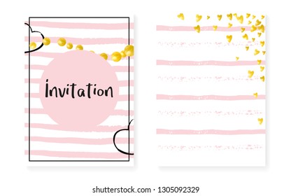 Bridal shower set with dots and sequins. Wedding invitation card with gold glitter confetti. Vertical stripes background. Elegant bridal shower set for party, event, save the date flyer.