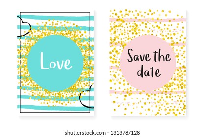 Bridal shower set with dots and sequins. Wedding invitation card with gold glitter confetti. Vertical stripes background. Trendy bridal shower set for party, event, save the date flyer.