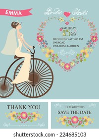 Bridal shower set.Cute cartoon  bride on retro bicycle.Decor elements :swirling border,ribbons,hand draw text,floral element,heart,pigeon.Retro Vector design template, invitation,save date, thank card
