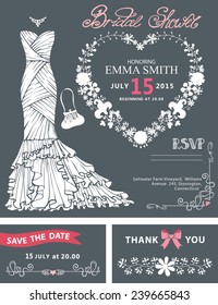 Bridal shower template set.Silhouette  Wedding dress  with floral wreath in heart shape, hand writing text,ribbon.Wedding invitation,save the date card, thank you card,RSVP.Cute vintage Vector