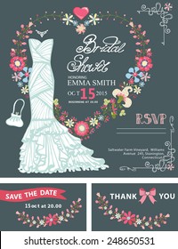 Bridal shower template set.Wedding dress  with floral wreath in heart shape, hand writing text,ribbon.Wedding invitation,save the date card, thank you card,RSVP.Cute vintage Vector