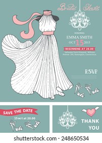 Bridal shower template set.Wedding dress  with chandelier, hand writing text,ribbon,shoes.Wedding invitation,save the date card, thank you card,RSVP.Cute vintage Vector