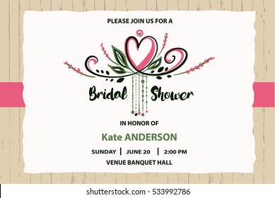 Bridal Shower Vector Template. Invitation With Text Please Join Us And Heart On Grunge Wood Background.