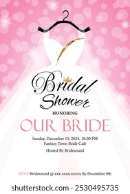 Bridal Shower Vertical Invitation Card Design. Wedding Dress on Hanger with Pink Hues and Gold Glitter Against Pink Bokeh Backdrop