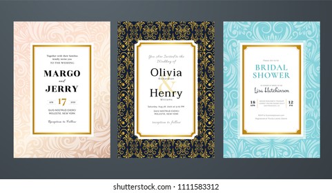 Bridal Shower and Wedding Invitation Template, Save the Date cards. Luxury design with golden frame. Gorgeous illustration in baroque style. Decorative backdrop, useful layout for marriage ceremony.