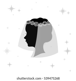 Bridal veil icon in monochrome style isolated on white background. Bride symbol stock vector illustration.