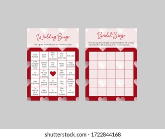 Bridal and wedding bingo game tickets for fun parties. 5 in row game. Romantic layouts with red heart pattern. Easy printable vector templates: 10*14 in