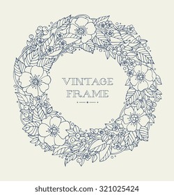 Bridal wreath of forest poppies flowers, wild berries, wreath for bride. Vector. Hand drawn artwork. Love concept for wedding invitations, cards tickets branding boutique logo label. Dark blue beige