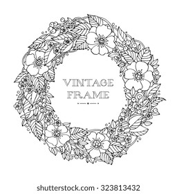 Bridal wreath of forest poppies flowers wild berries, wreath for bride. Vector Hand drawn artwork. Love concept for wedding invitations, cards tickets branding logo label. Coloring book page for adult