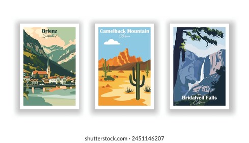 Bridalveil Falls, California, Brienz, Switzerland, Camelback Mountain, Arizona - Vintage travel poster. Vector illustration. High quality prints