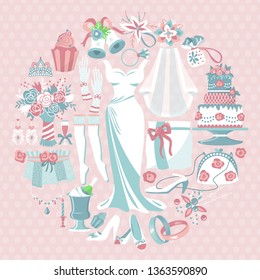 Bride accessories round pattern vector illustration. Items for wedding ceremony. Wedding dress, cake, cupcakes, glass of champagne, shoes, engagement rings, gloves, necklace.