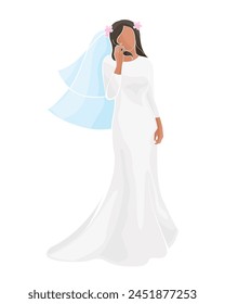bride African American in long dress and veil 	