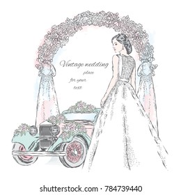 Bride in a beautiful dress and wedding car decorated with flowers on a wedding arch background. Vector illustration for a postcard or a poster. Celebration.