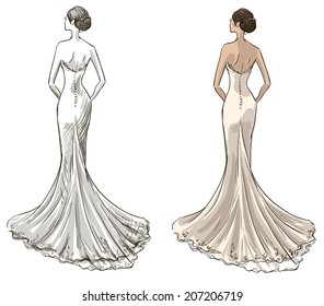 Bride. Beautiful young girl in a wedding dress. Long dress with a tail. Black and withe and color variants. 