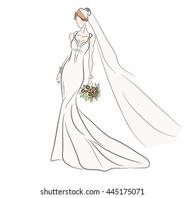 Bride. Beautiful young girl in a wedding dress. Model on the runway. Elegant lady at the party. Fashion sketch. Romantic women with flowers. Skinny body. Marriage. For posters, banners. Vector