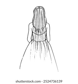 bride from behind. bride with long veil and loose hair in bustier dress - hand drawn outline sketch