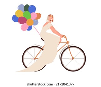 Bride bikes on the bycycle with air baloons. Vector illustration