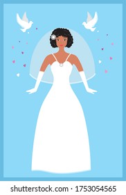 Bride with black curly hair. Cinderella inspiration with pigeons. Vector illustration.