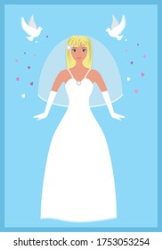 Bride with blond hair. Cinderella inspiration with pigeons. Vector illustration.
