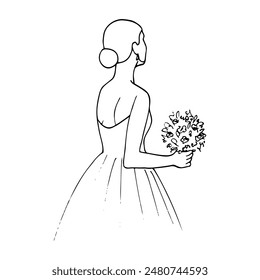 bride with a bouquet from the back - hand drawn line sketch. woman in bustier dress leaves with a small bouquet in her hand