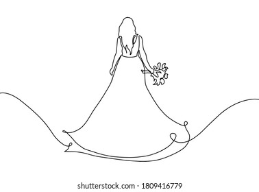 Novia con un dibujo de un ramo en una línea continua. Una línea de una novia con un vestido de novia. Concepto de matrimonio. Mujer hermosa con un vestido largo y hermoso. Ilustrador de vectores.